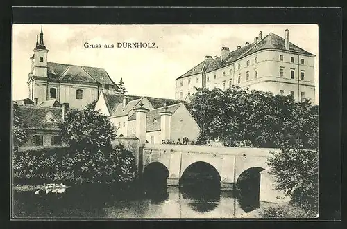 AK Dürnholz in Mähren, Brücke mit Schloss und Kirche