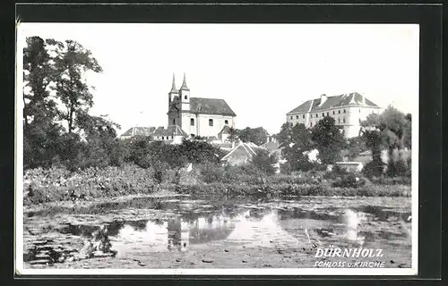 AK Dürnholz in Mähren, Schloss und Kirche vom Wasser aus