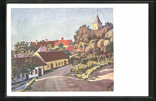 Künstler-AK Babice, Strassenpartie in Richtung Kirche