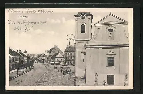 AK Göding / Hodonin, Strassenpartie mit Kirche