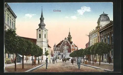 AK Göding / Hodonin, Strassenpartie mit Blick auf Kirche