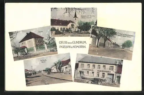AK Gundrum, Geschäft K. Kostelka, Dorf zur Reichstrasse, Schule und Kirche
