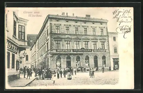 AK Wischau / Vyskov, Hotel, Sporitelna, Drogurie, Geschäfte am Stadtplatz