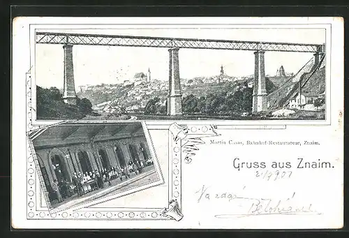 AK Znaim, Blick auf Brücke, Menschen vor Gebäude