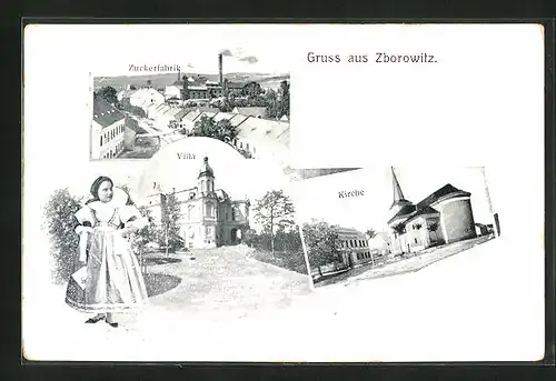 AK Zborowitz, Zuckerfabrik, Villa, Kirche, Mädchen in Tracht