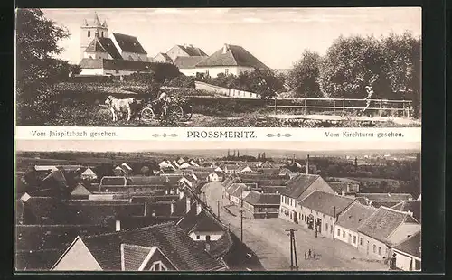 AK Prossmeritz, Ortsansicht vom Jaispitzbach und vom Kirchtum aus gesehen