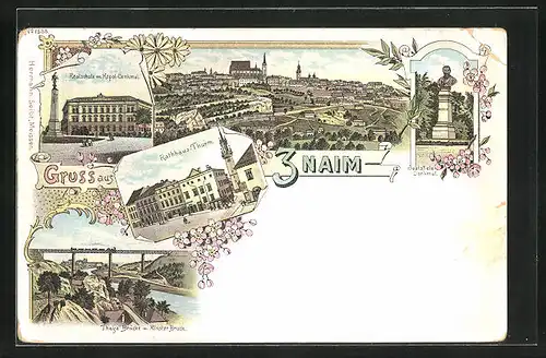 Lithographie Znaim, Rathaus-Thurm, Realschule m. Kopol-Denkmal, Thaya Brücke m. Kloster Bruck