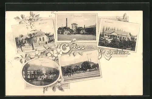 AK Rohatetz, Zuckerfabrik, Beamtenhaus, Bahnhof, Schule und Kindergarten