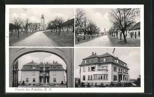 AK Urspitz b. Pohrlitz, Strassenpartie mit Kirche, Haus mit 