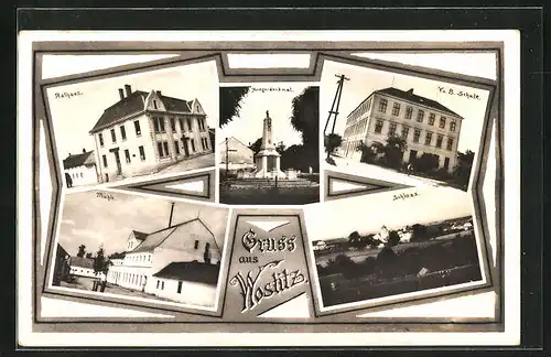 AK Wostitz, Rathaus, Kriegerdenkmal, V. u.. B. Schule, Schloss