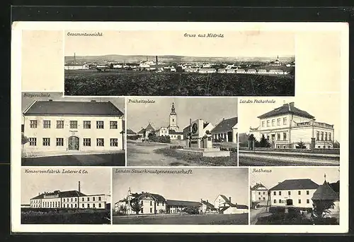 AK Mödritz, Panorama, Namesti, Kostel, Konservenfabrik, Freiheitsplatz