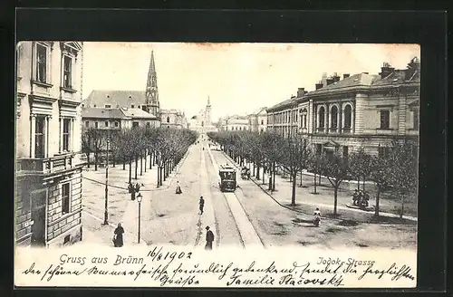 AK Brünn / Brno, Jodok-Strasse, Kostel, Strassenbahn