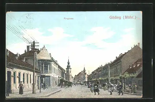 AK Göding / Hodonin, Strasse Ringgasse mit Anwohnern