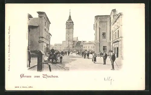 AK Wischau / Vyskov, Strassenpartie mit Kirche