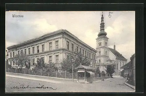 AK Wischau / Vyskov, Strassenpartie mit Gebäudeansicht