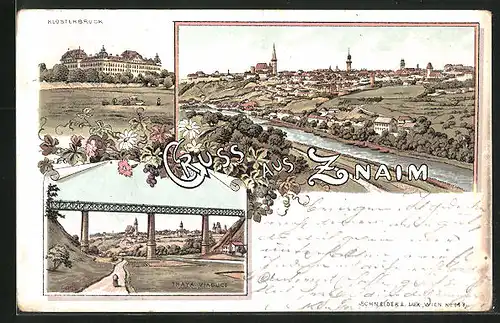 Lithographie Znaim, Teilansicht, Klosterbruck, Thaya Viaduct