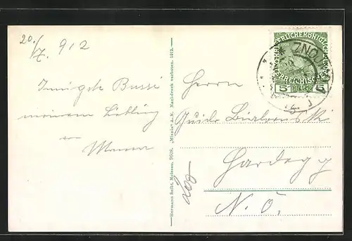 Passepartout-AK Znaim, Totalansicht von der Nordwestbahnbrücke in Gurke