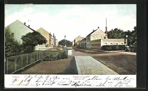 AK Gaya, Bahnhofstrasse mit Fabrik