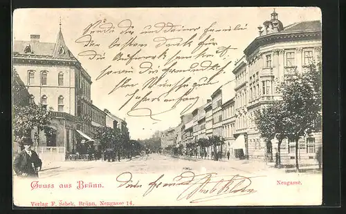 AK Brünn / Brno, Strasse Neugasse mit Bäumen