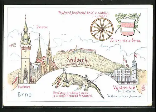 AK Brünn / Brno, Radnice, dóm Petrov, Spilberk a vystavni palác