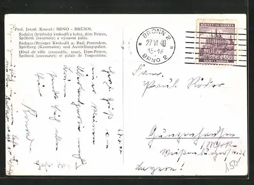 AK Brünn / Brno, Radnice, dóm Petrov, Spilberk a vystavni palác
