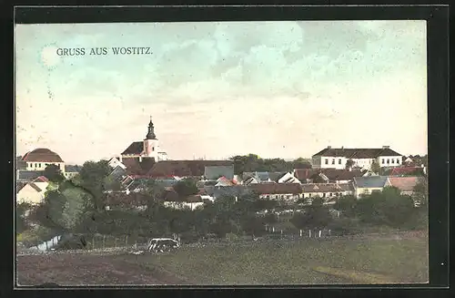 AK Wostitz, Teilansicht des Ortes mit Kirche