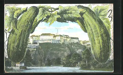 Passepartout-AK Znaim, Schloss über Thaya-Tal im Gurkenrahmen