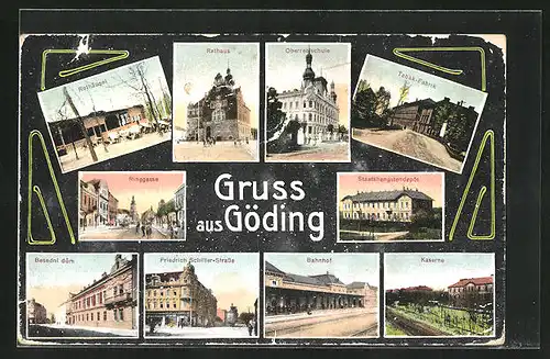 AK Göding / Hodonin, Gasthaus Rothäusel, Bahnhof, Friedrich-Schiller-Strasse