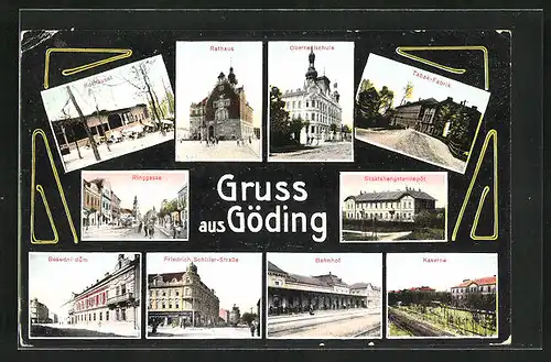 AK Göding / Hodonin, Rathaus, Bahnhof, Kaserne