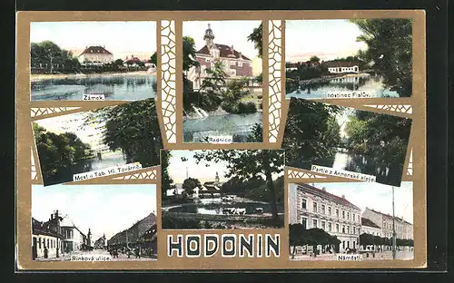 AK Göding / Hodonin, hostinec Fialuv, Radnice, Rinkova ulice
