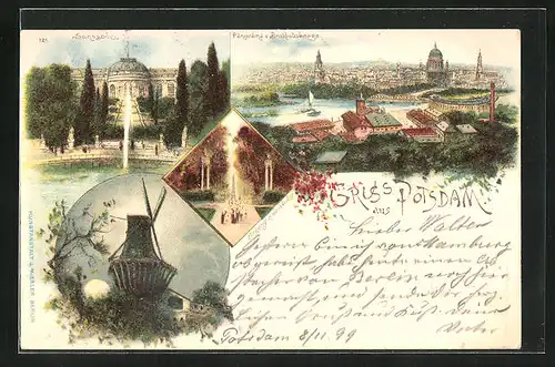 Lithographie Potsdam, Sanssouci, Panorama der Brauhausberge, alte Mühle