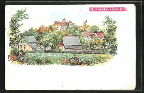 Lithographie Scharfenstein, Ortspartie mit Burg