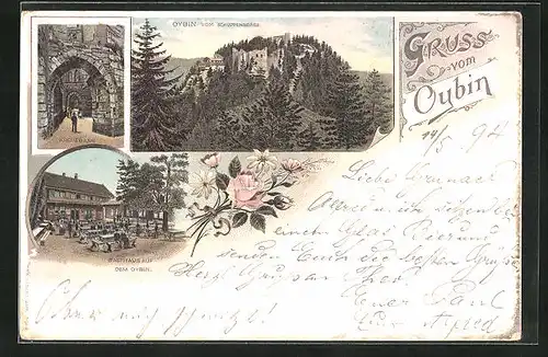 Lithographie Oybin, Gasthaus auf dem Oybin, Kreuzgang, Burgruine am Schuppenberge