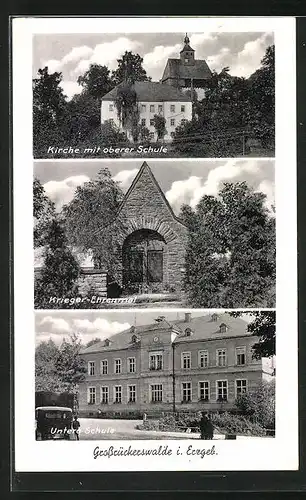 AK Grossrückerswalde i. Erzgeb., Untere Schule, Kirche mit oberer Schule, Krieger-Ehrenmal