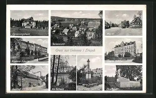 AK Gelenau i. Erzgeb., Gasthof zur Katze, Genesungsheim, Markt