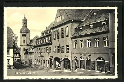 AK Wolkenstein i. Erzgeb., Marktplatz mit Gasthaus Ratskeller, Geschäften und Rathaus