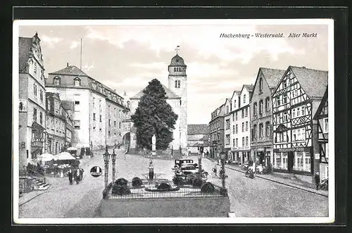 AK Hachenburg im Westerwald, Alter Markt mit Gasthaus und Kirche