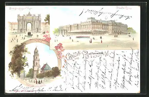 Lithographie Potsdam, Garnisonkirche, Stadtschloss, Brandenburger Tor