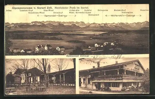 AK Zell, Restaurant Dittmar, Garten, Alpenpanorama mit Benedikten-Wand, Herzogstand und Dreitorspitze