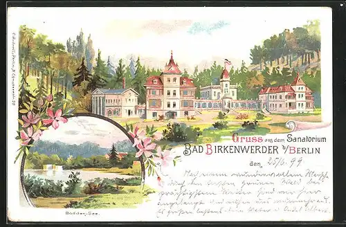 Lithographie Bad Birkenwerder b. Berlin, Sanatorium, Bodden-See