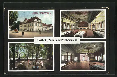 AK Oberwiesa, Gasthof Zum Lamm, Innenansichten Gesellschafts-Saal, u. Konzert, Theater- und Ballsaal