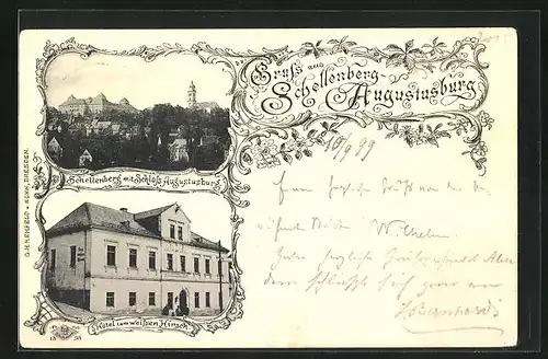AK Schellenberg-Augustusburg, Hôtel zum weissen Hirsch, Teilansicht mit Schloss Augustusburg