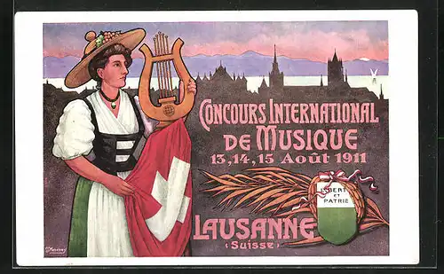 Künstler-AK Lausanne, Concours International de Musique 1911, Wappen, Harfe