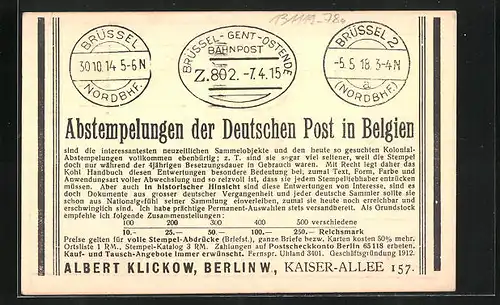 AK Abstempelungen der Deutschen Post in Belgien, Postgeschichte, Ganzsache