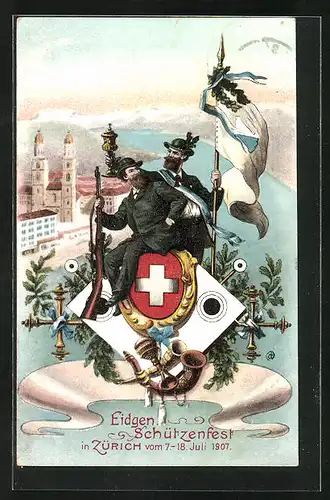 AK Zürich, Eidgen. Schützenfest 1907, Schützen und Ortspartie