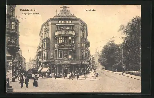 AK Halle a. S., Leipziger Strasse und Poststrasse mit Geschäften