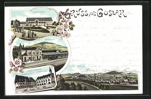 Lithographie Goslar, Marktplatz, Kaiserworth u. Rathaus, Kaiserpfalz