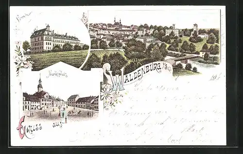 Lithographie Waldenburg, Marktplatz, Seminar, Totalansicht mit Fluss