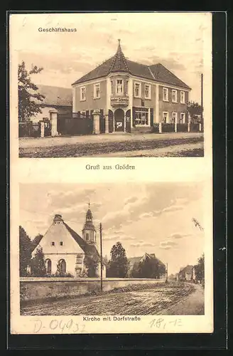 AK Gröden, Geschäftshaus, Kirche mit Dorfstrasse