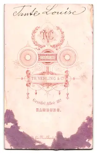 Fotografie Th. Vehling & Co., Hamburg, Grindel Allee 182, Portrait junge Dame in zeitgenössischer Kleidung